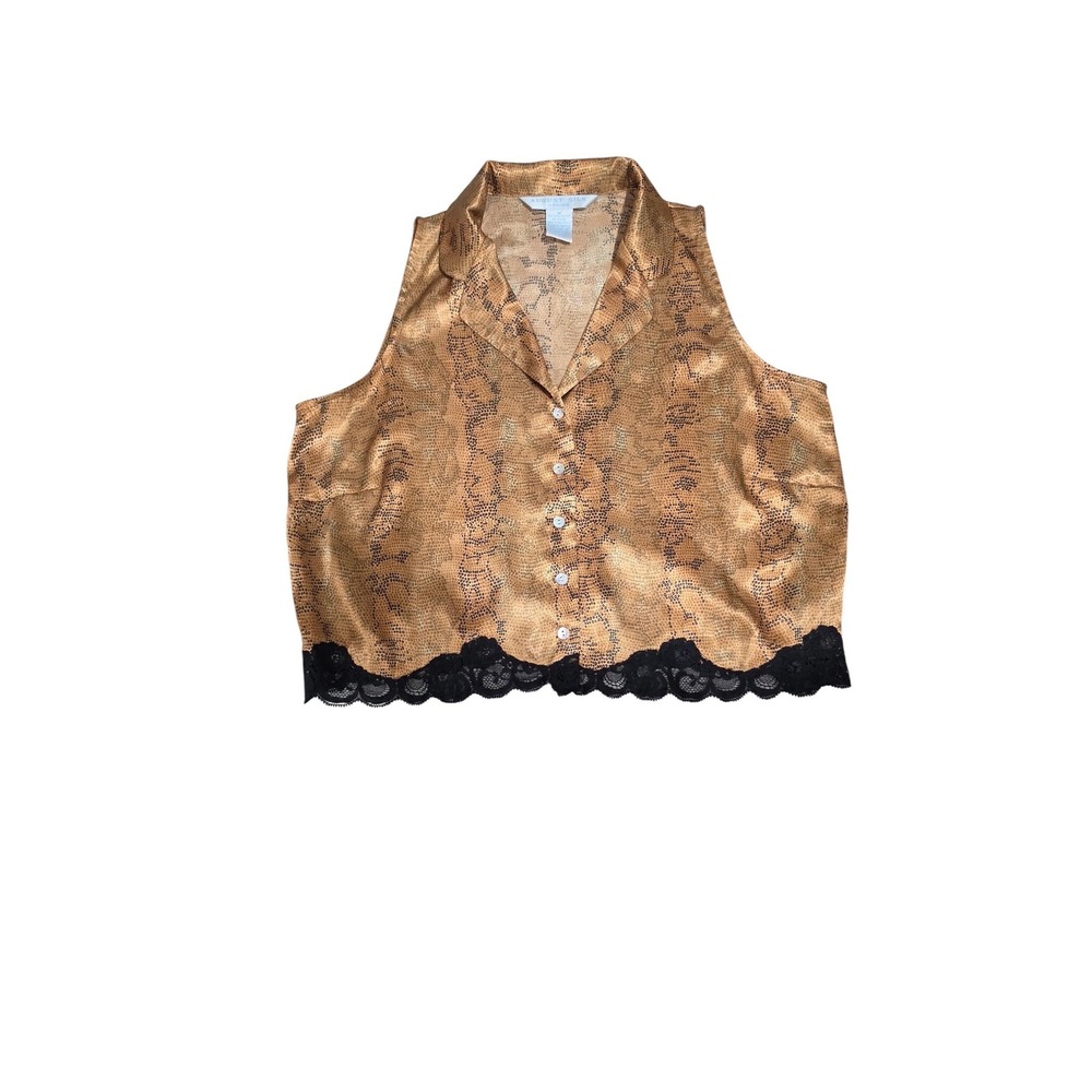 August Silk Intimates Gold Snakeskin Print Lace Hem Sleeveless Button Top Medium
